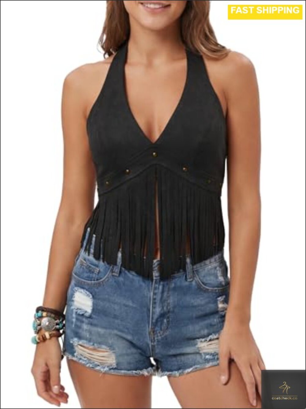 Faux Suede Western Fringe Halter Crop Top Lace Up Back Vest